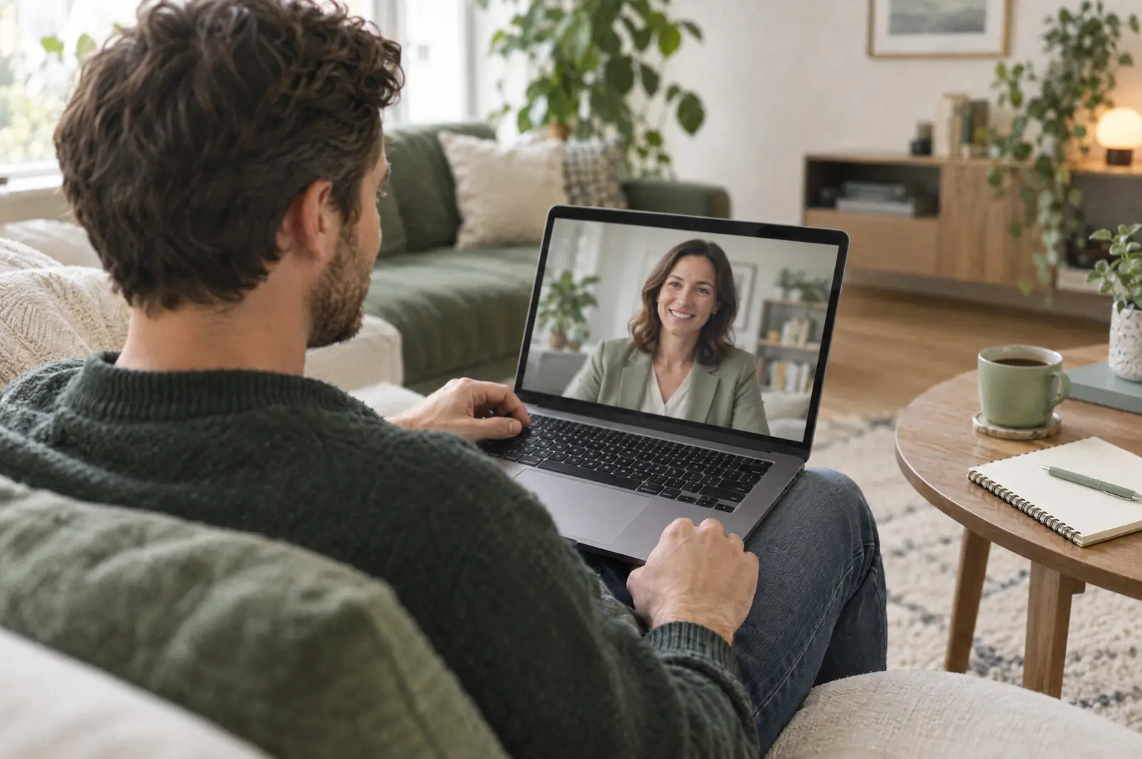 Beratungsgespräch per Videocall vom Sofa aus (KI-generiertes Symbolbild)